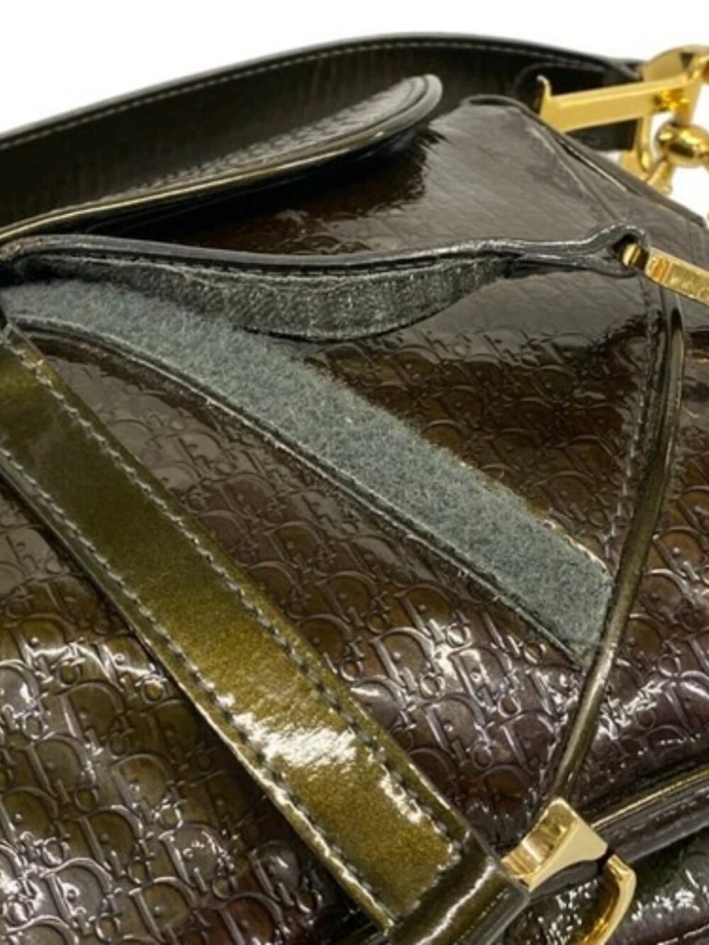 DIOR/ChristianDior Double Saddle Bag Dark Brown Patent Leather Shoulder Bag - Picture 11 of 15